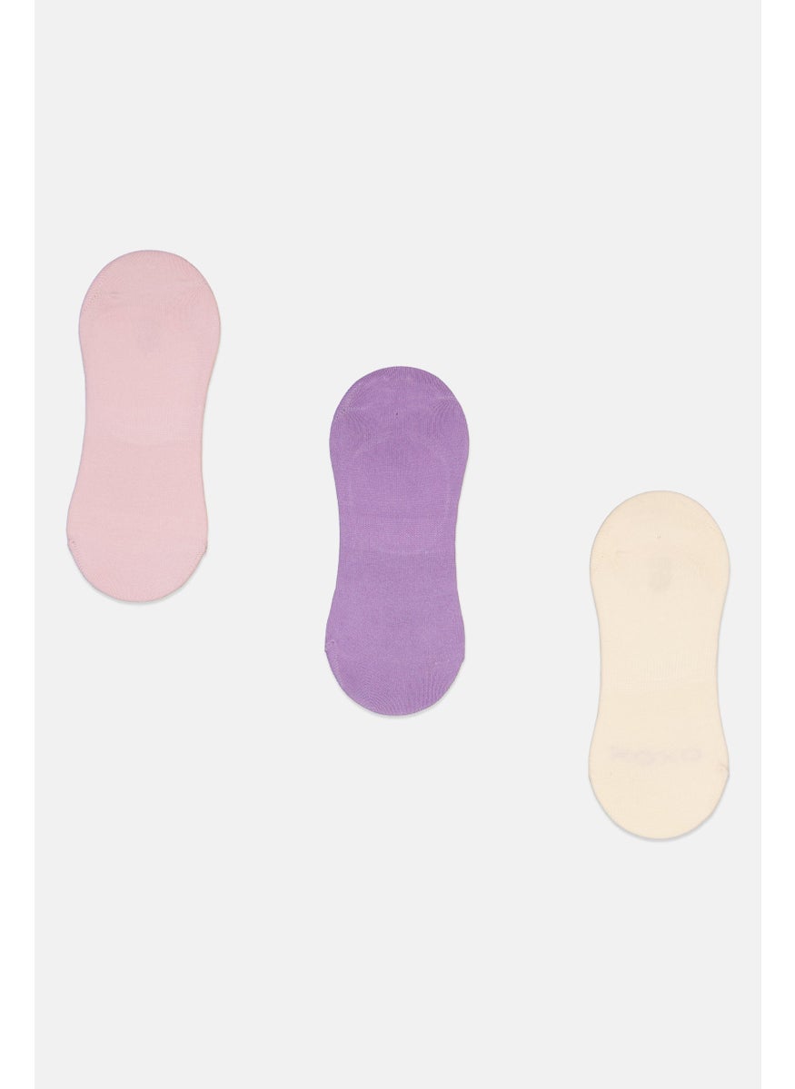 XOXO - Women 3 Pieces Brand Logo Invisible Socks, Cream/Lavender/Purple - Image 1