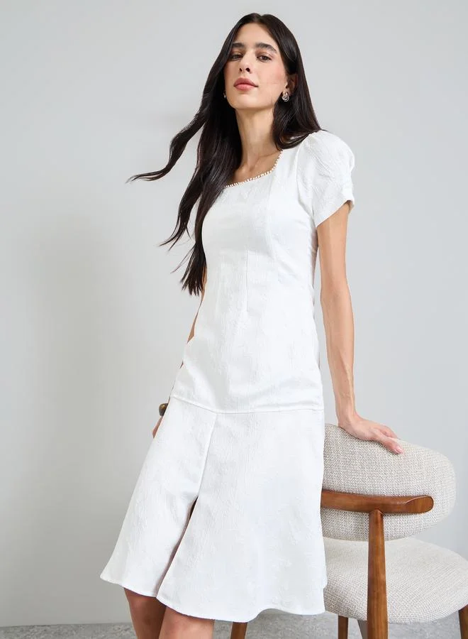 Styli White Solid Front Slit Square Neck A-Line Midi Dress
