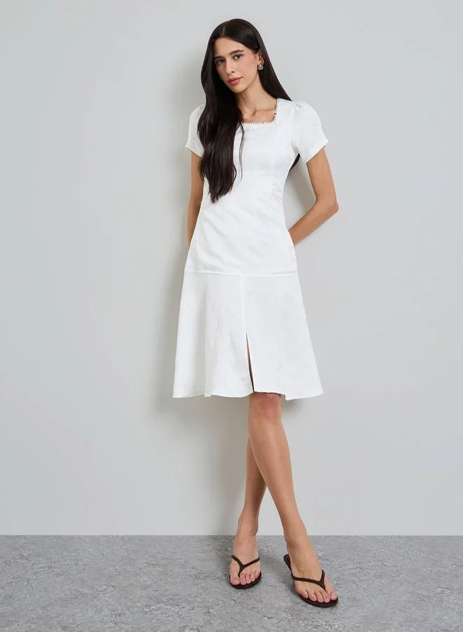 Styli White Solid Front Slit Square Neck A-Line Midi Dress