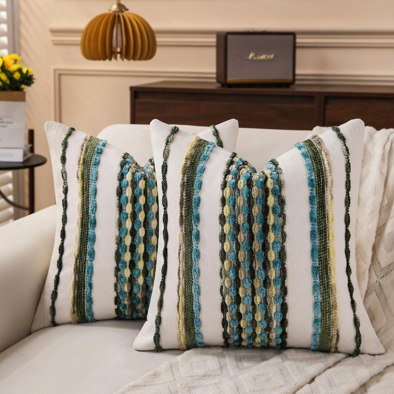 KOOLIFE Boho Striped Throw Pillow Covers 18x18 Inch Set of 2 Farmhouse Square Decorative Pillow Covers Chenille Tufted Accent Neutral Pillowcase Teal Green Cushion Cover for Living Room Couch Sofa Bed - Image 2