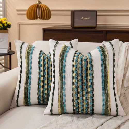 KOOLIFE Boho Striped Throw Pillow Covers 18x18 Inch Set of 2 Farmhouse Square Decorative Pillow Covers Chenille Tufted Accent Neutral Pillowcase Teal Green Cushion Cover for Living Room Couch Sofa Bed - Image 1