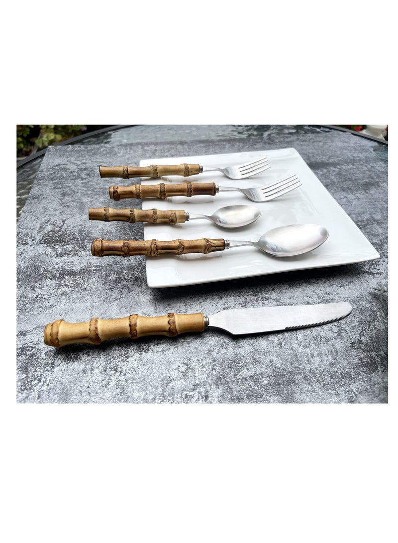 SYOSI طقم أدوات المائدة من الخيزران مجموعة أدوات مائدة مصنوعة يدوياً من الخيزران (5 مجموعات، 20 قطعة أدوات مائدة، فضي) - Image 5