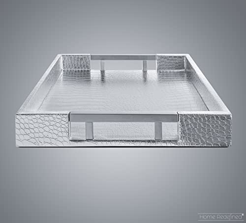 Home Redefined Modern Elegant 18"x12" Rectangle Glossy Silver Crocodile Faux Leather Tray Decorative Ottoman Coffee Table Display Perfume Dresser Kitchen Serving Tray with Silver Metal Handles by Home Redefined - Image 4