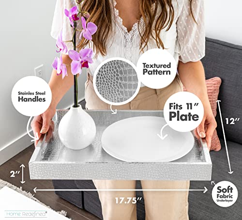 Home Redefined Modern Elegant 18"x12" Rectangle Glossy Silver Crocodile Faux Leather Tray Decorative Ottoman Coffee Table Display Perfume Dresser Kitchen Serving Tray with Silver Metal Handles by Home Redefined - Image 3