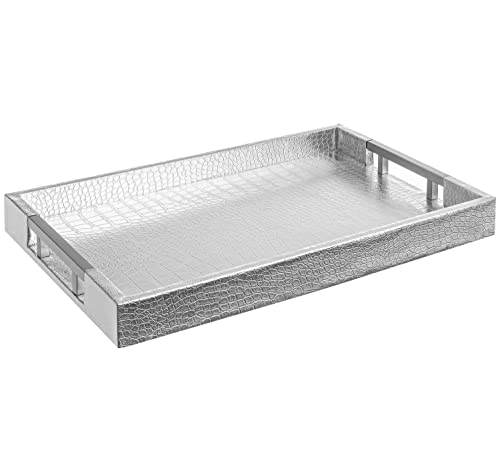 Home Redefined Modern Elegant 18"x12" Rectangle Glossy Silver Crocodile Faux Leather Tray Decorative Ottoman Coffee Table Display Perfume Dresser Kitchen Serving Tray with Silver Metal Handles by Home Redefined - Image 1