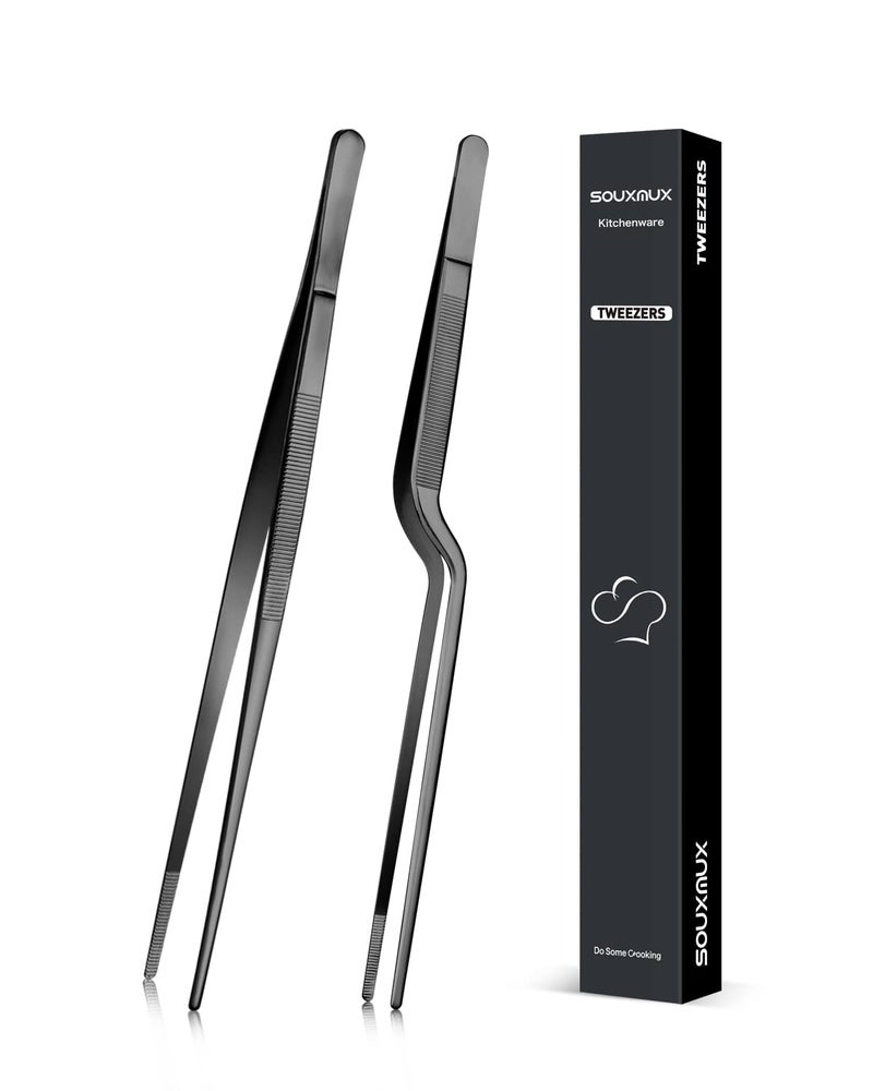 SouxMux 10-inch Cooking Tweezer and Offset Tweezer Set, Tongs Precision Serrated Tips, Stainless Steel Professional Chef Tweezer Kitchen Tools for BBQ, Plating and Serving - Image 1