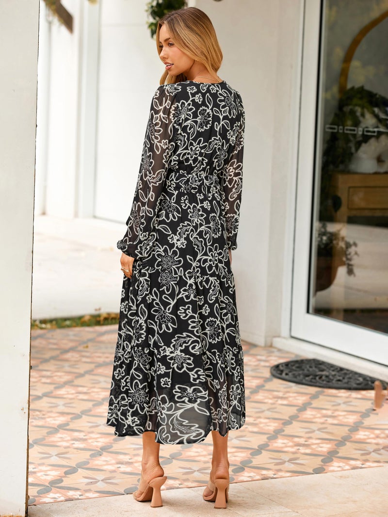 Simplee Women's Floral Boho Long Sleeve Maxi Dress V Neck Empire Waist Swing Flowy Wedding Guest Dress Black White Floral XL - Image 3