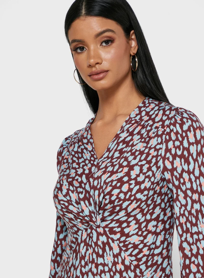 LOST INK Long Sleeve Twisted Front Leopard Print Midi Dress