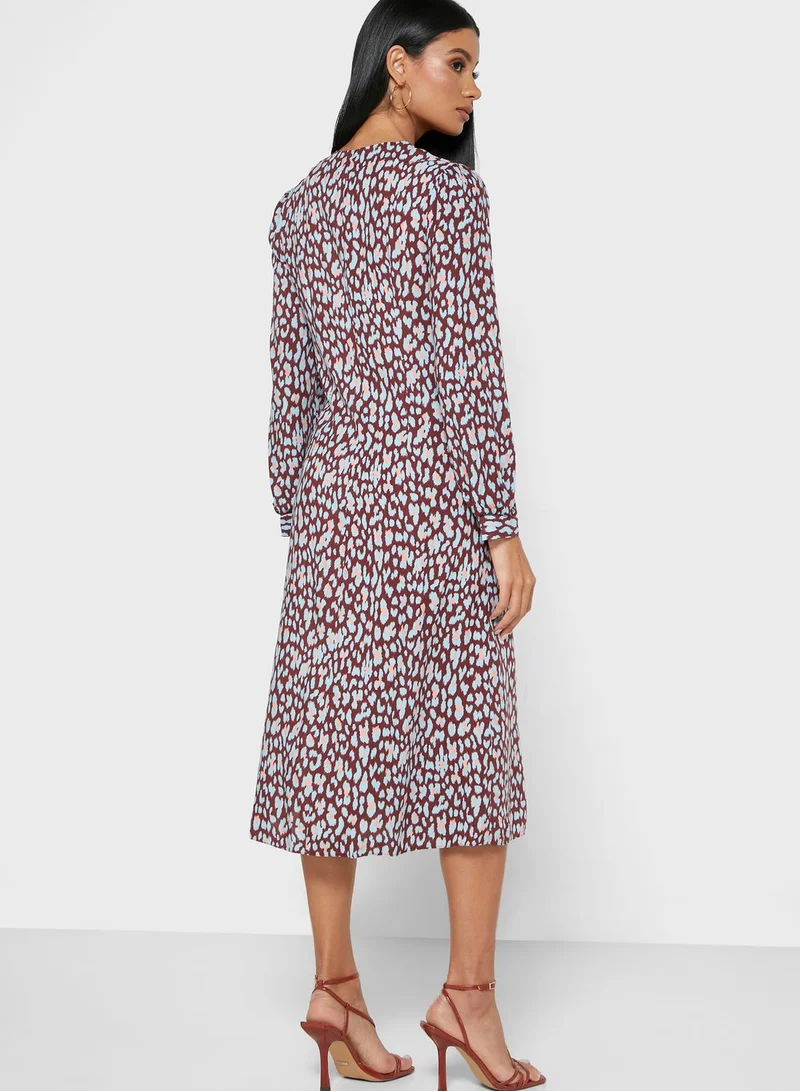 LOST INK Long Sleeve Twisted Front Leopard Print Midi Dress
