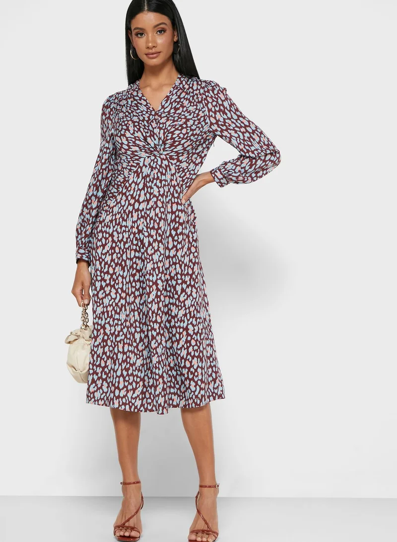 LOST INK Long Sleeve Twisted Front Leopard Print Midi Dress