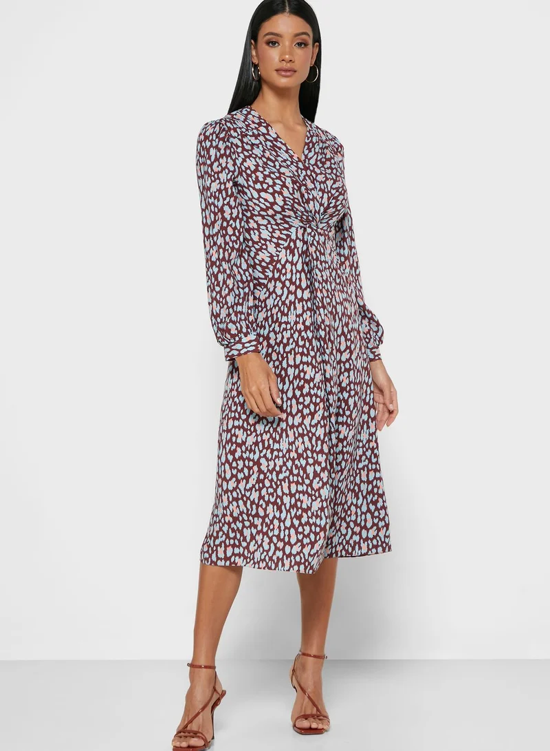 LOST INK Long Sleeve Twisted Front Leopard Print Midi Dress