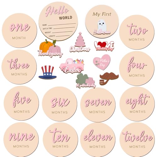 cephira Monthly Baby Milestone Maker Discs, Baby Milestone Signs for Newborn Baby, Hello World Newborn Sign for Baby Girl & Boy, Baby Announcement Sign for 1-12 Month, Milestone Wooden Circles (Pink) - Image 1