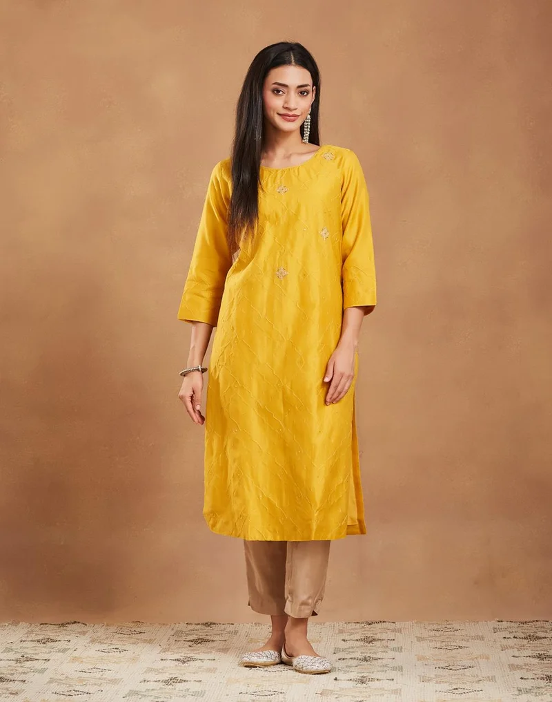 Fabindia  Mustard Cotton Silk Embroidered Long Kurta for Women | Best Price UAE