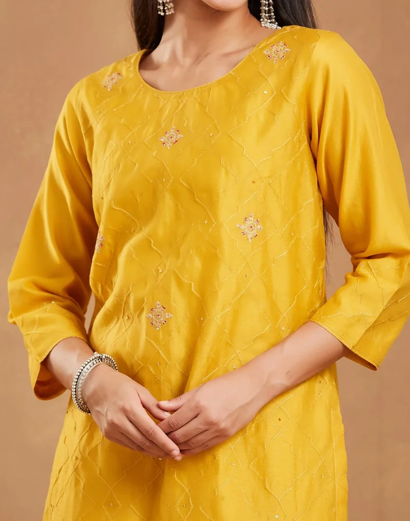 Fabindia  Mustard Cotton Silk Embroidered Long Kurta for Women | Best Price UAE
