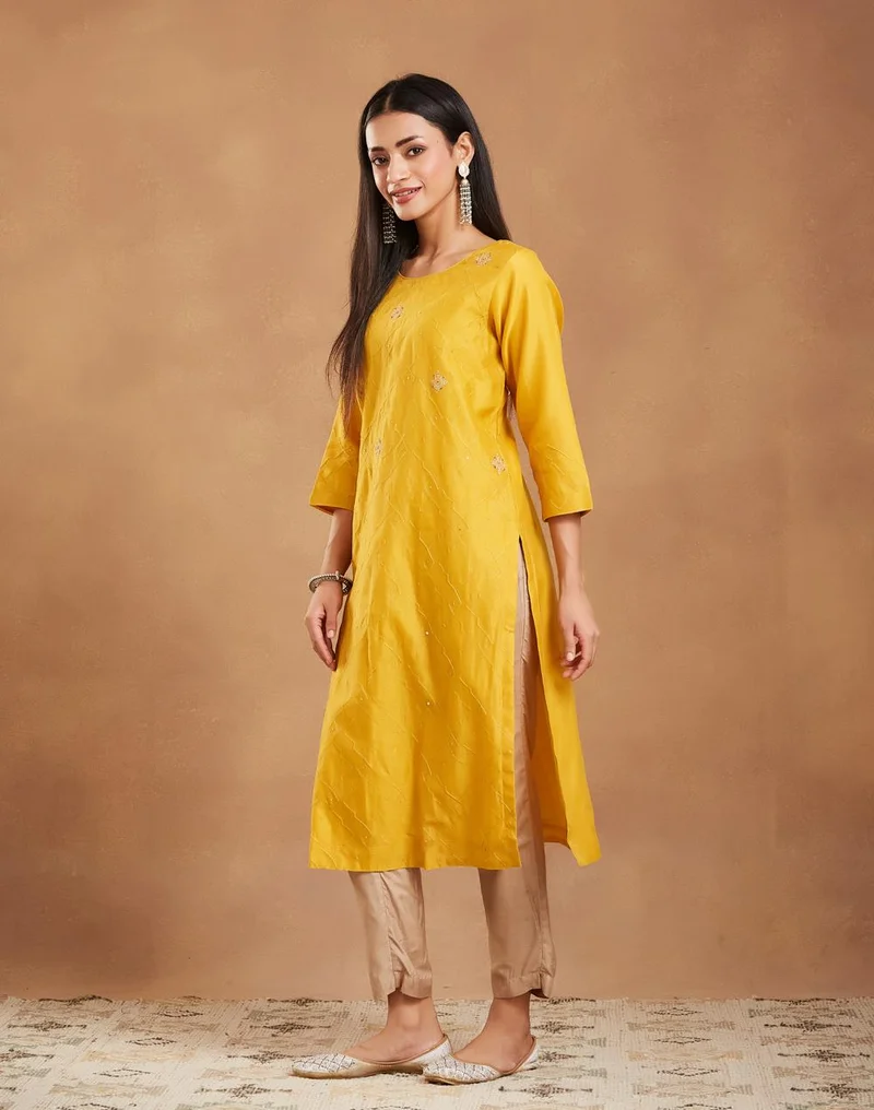 Fabindia  Mustard Cotton Silk Embroidered Long Kurta for Women | Best Price UAE