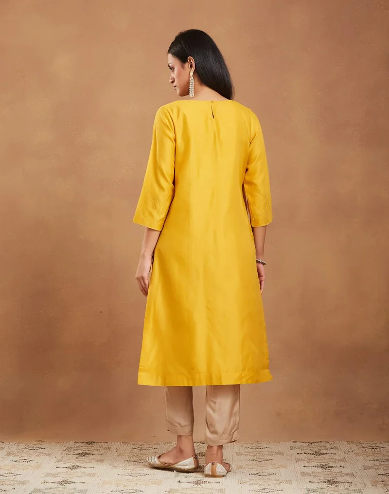 Fabindia  Mustard Cotton Silk Embroidered Long Kurta for Women | Best Price UAE