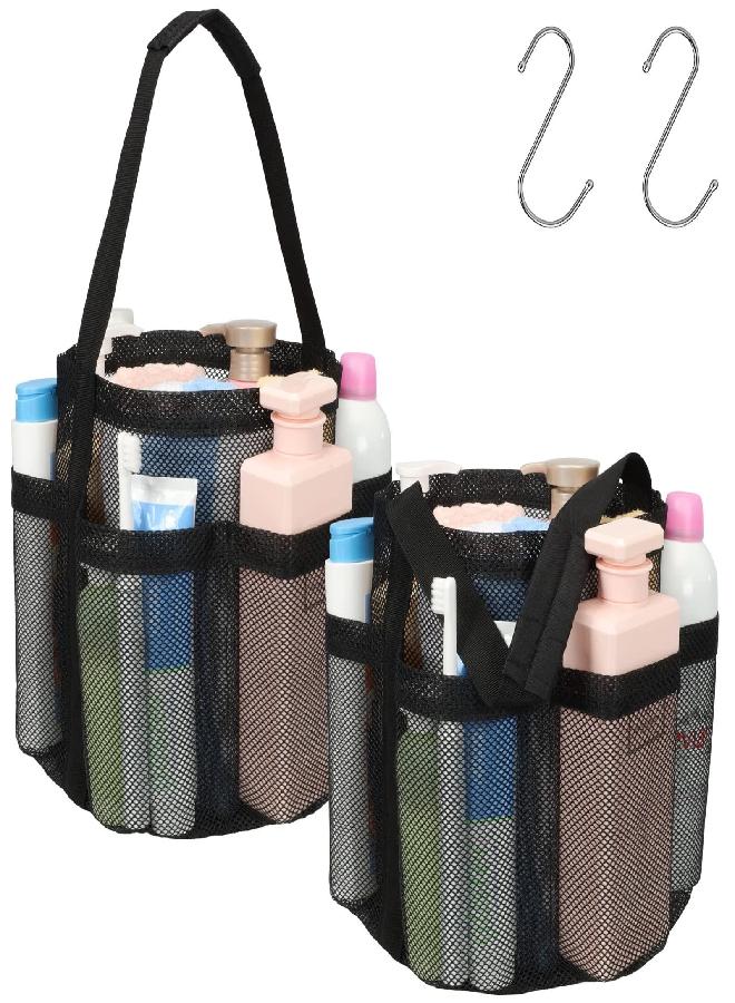 F-color Mesh Shower Caddy Portable, Shower Caddy Basket Tote for College Dorm Room Gym Rv Essentials, 8.5" Deeper Pocket Quick Dry Shower Bathroom Caddy Bag with S Hook, 2 Packs Black - Image 2