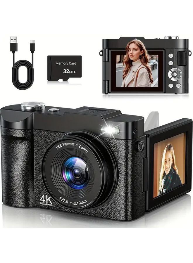 4K Digital Camera 50MP Vlogging Camera With 16x Zoom 2 8 Inch Flip Screen Black - Image 2