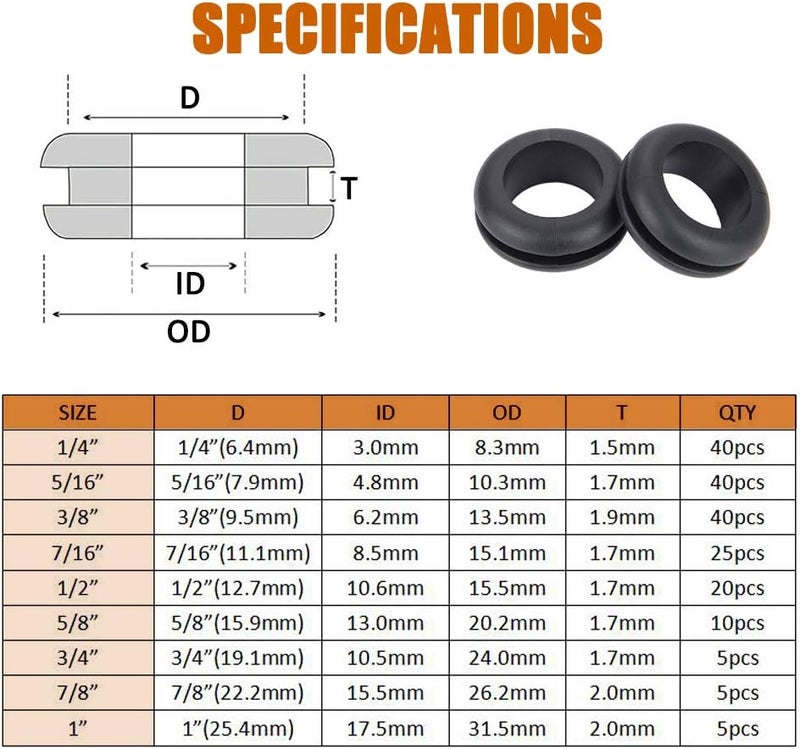 ISPINNER 190pcs Rubber Grommet Assortment Kit, 9 Sizes Eyelet Ring Gasket 1/4" 5/16" 3/8" 7/16" 1/2" 5/8" 3/4" 7/8" 1" (Black) - Image 4