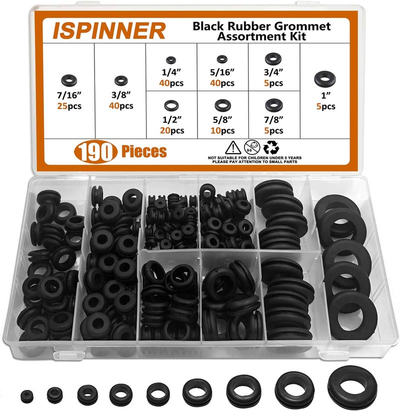 ISPINNER 190pcs Rubber Grommet Assortment Kit, 9 Sizes Eyelet Ring Gasket 1/4" 5/16" 3/8" 7/16" 1/2" 5/8" 3/4" 7/8" 1" (Black) - Image 1