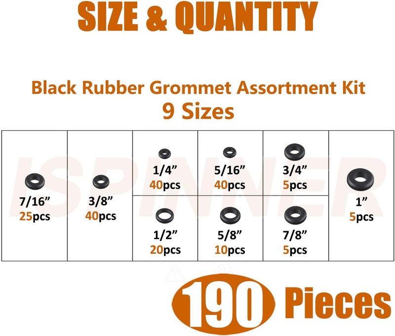ISPINNER 190pcs Rubber Grommet Assortment Kit, 9 Sizes Eyelet Ring Gasket 1/4" 5/16" 3/8" 7/16" 1/2" 5/8" 3/4" 7/8" 1" (Black) - Image 2