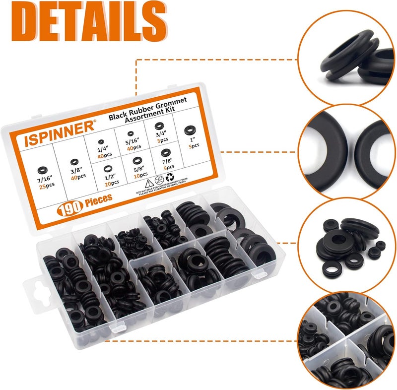 ISPINNER 190pcs Rubber Grommet Assortment Kit, 9 Sizes Eyelet Ring Gasket 1/4" 5/16" 3/8" 7/16" 1/2" 5/8" 3/4" 7/8" 1" (Black) - Image 3
