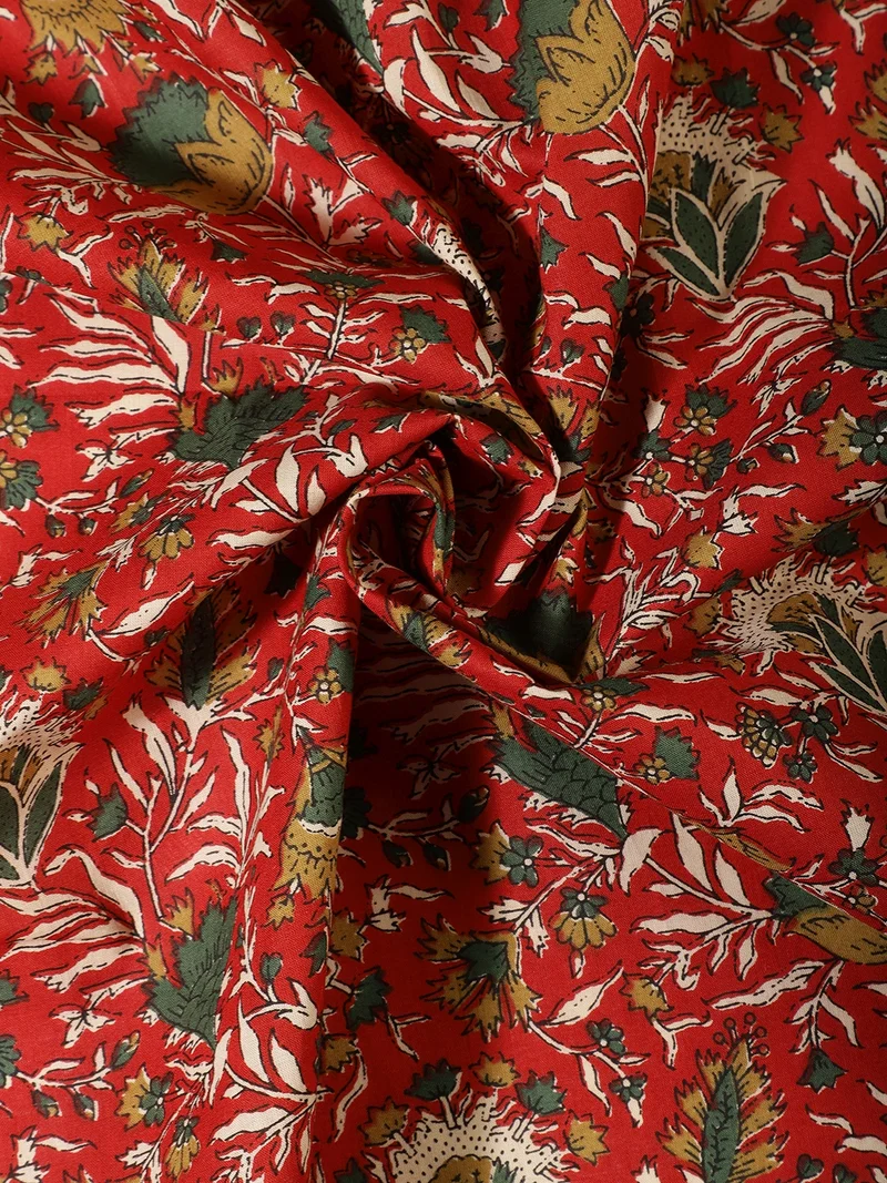 أيه كيه إس Red Kalamkari Floral Print Fabric for Crafting