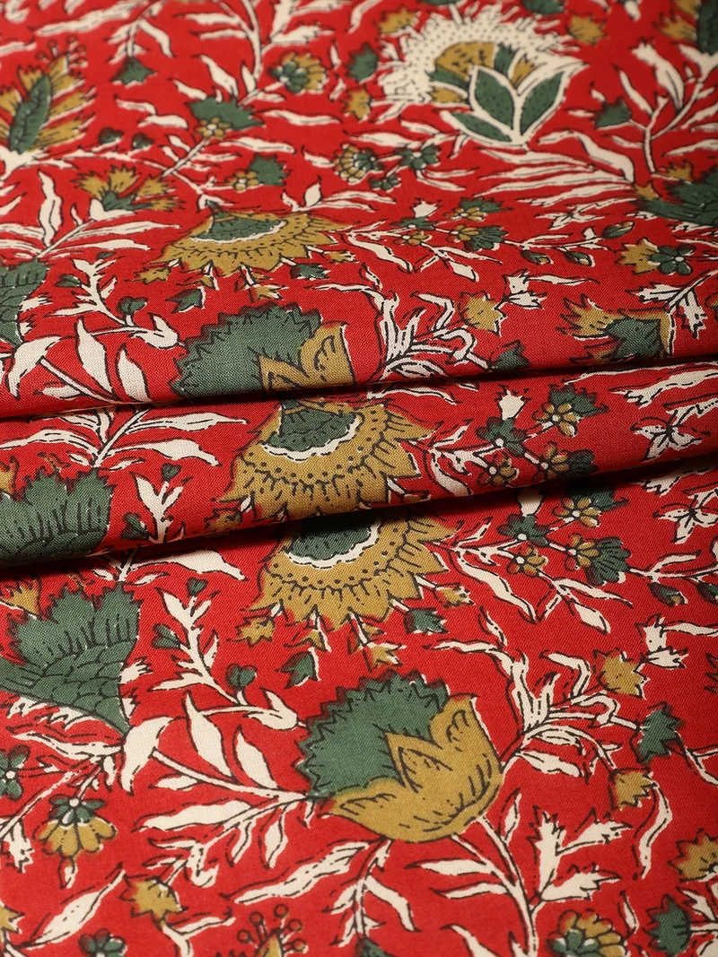 أيه كيه إس Red Kalamkari Floral Print Fabric for Crafting
