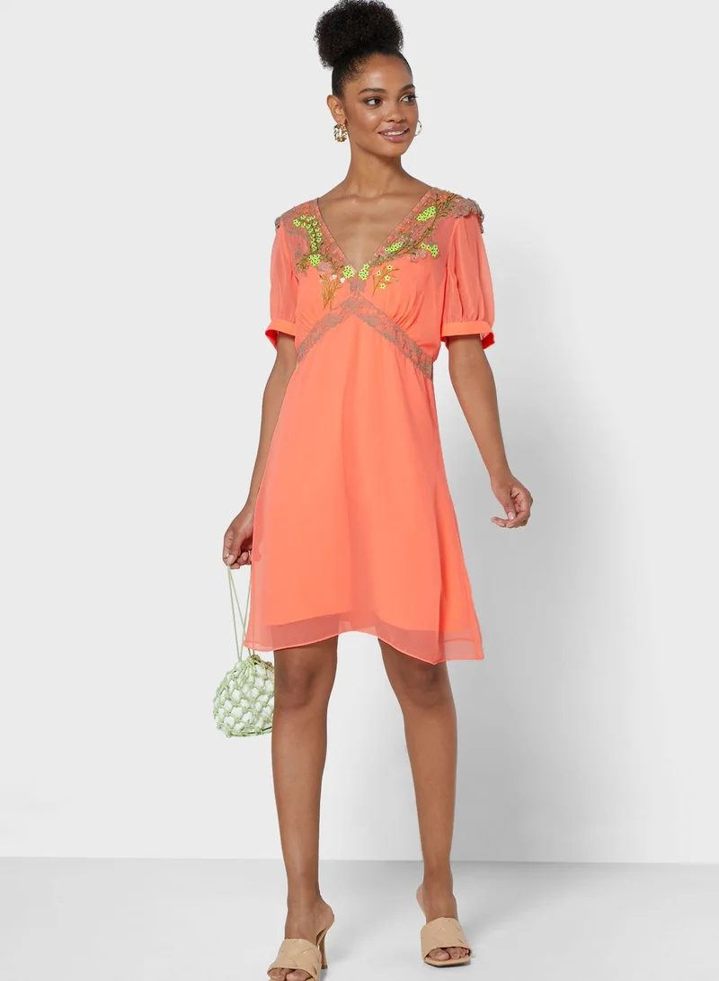 French Connection Embroidered Chiffon Dress