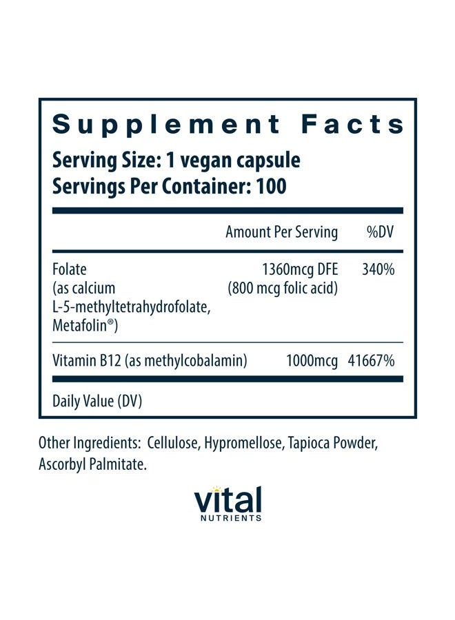 Vital Nutrients Vitamin B12 & Methyl Folate | Vegan Methylated Folate & B12 Supplement | 5-MTHF Plus B12 Supports Nervous System & Metabolism* | Gluten, Dairy, Soy Free | 100 Capsules - Image 2