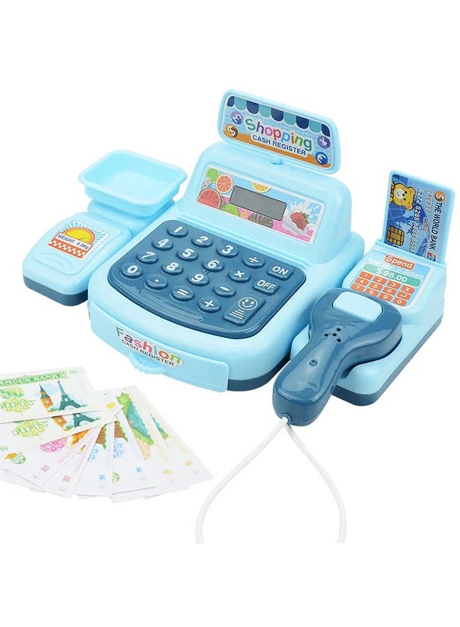 Simulation Supermarket Cash Register Toy Children Play House Toys Mini Convenience Store Cashier Electric Pretend Play Kid Gifts (Blue) - Image 1