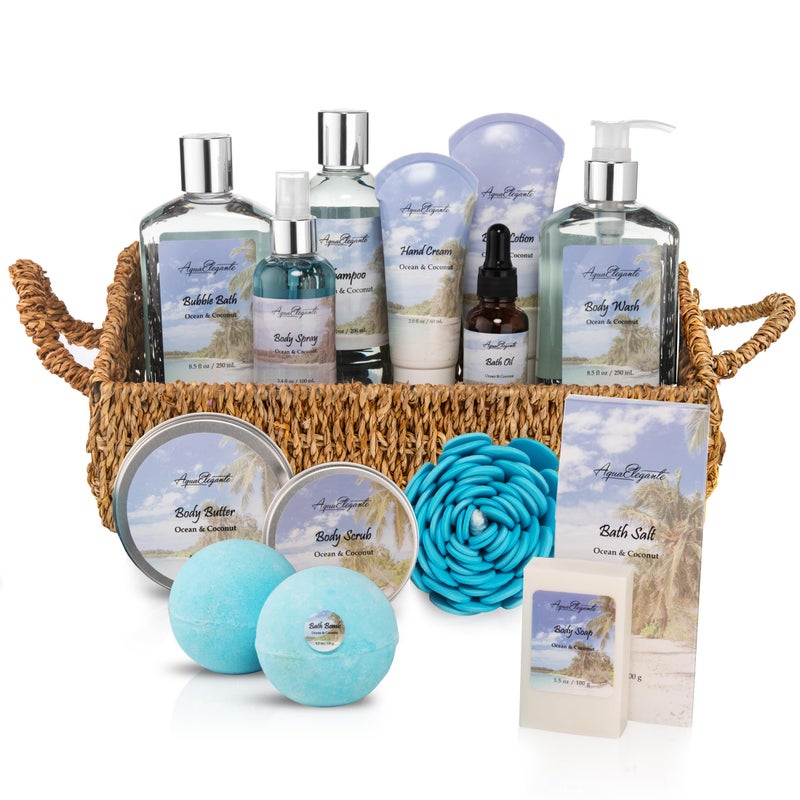 Aqua Elegante Bath Spa Gift Sets  Luxury Basket With Ocean  Coconut  Spa Kit Includes Wash Bubble Bath Lotion Bath Salts Body Scrub Shower Puff Bathbombs Soap and Towel