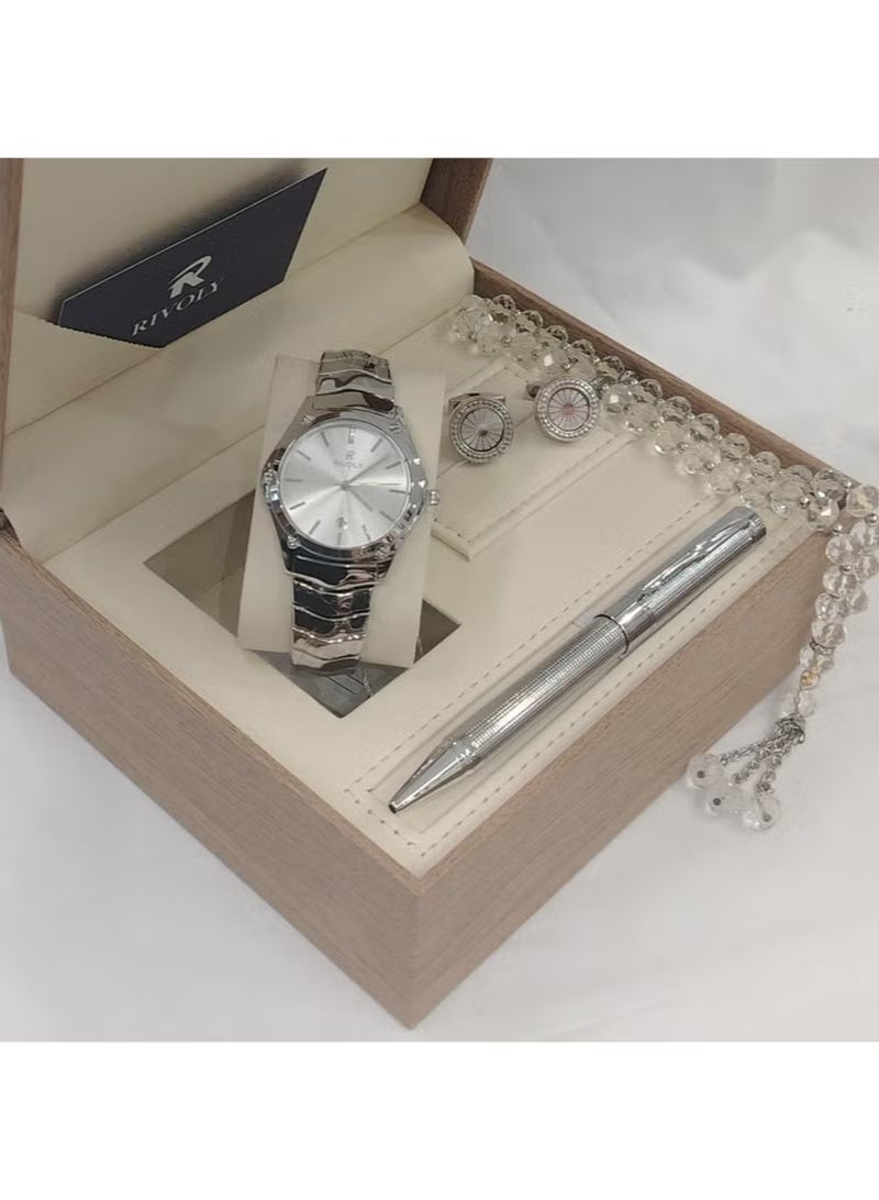"Men's Luxury Stainless Steel Watch Gift Set with Pen, Cufflinks, and Elegant Tasbih"