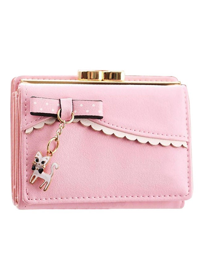 NIBEMINENT Cute Bowknot Cartoon Cat Pendant Tri-fold Short Wallet Pink 