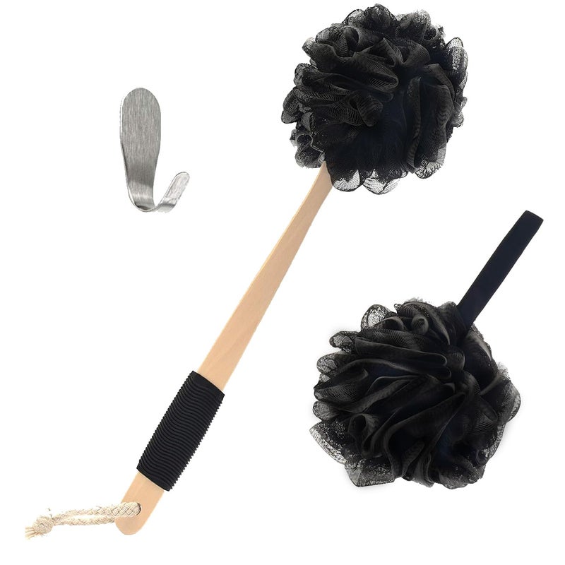 Yoove Loofah with Handle | Bamboo Charcoal Infused Loofah Back Scrubber for Shower | Exfoliating Back Loofah for Shower for Men & Women | includes 1 Loofah on a Stick,1 Loofa Pouf and 1 Hook (Black)
