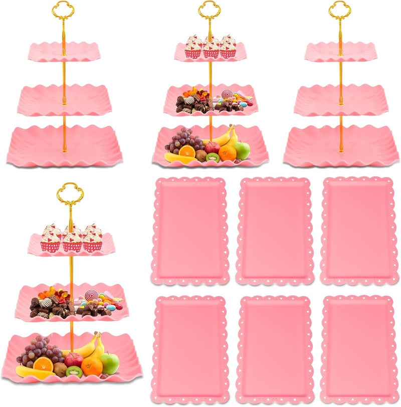 DIDROOM 10 Pack Dessert Table Display Set - 4 x Three-Tier Square Cupcake Stands and 6 x Serving Trays, Elegant Tableware for Cakes, Cupcakes, Pastries, and Snacks, Perfect for Parties (Pink) - Image 1