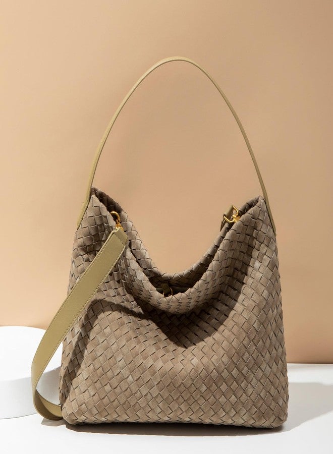 Dreubea Woven Tote Bag for Women, Elegant Minimalist Shoulder Handbag, Top Handle Purse for Daily Use Khaki - Image 2