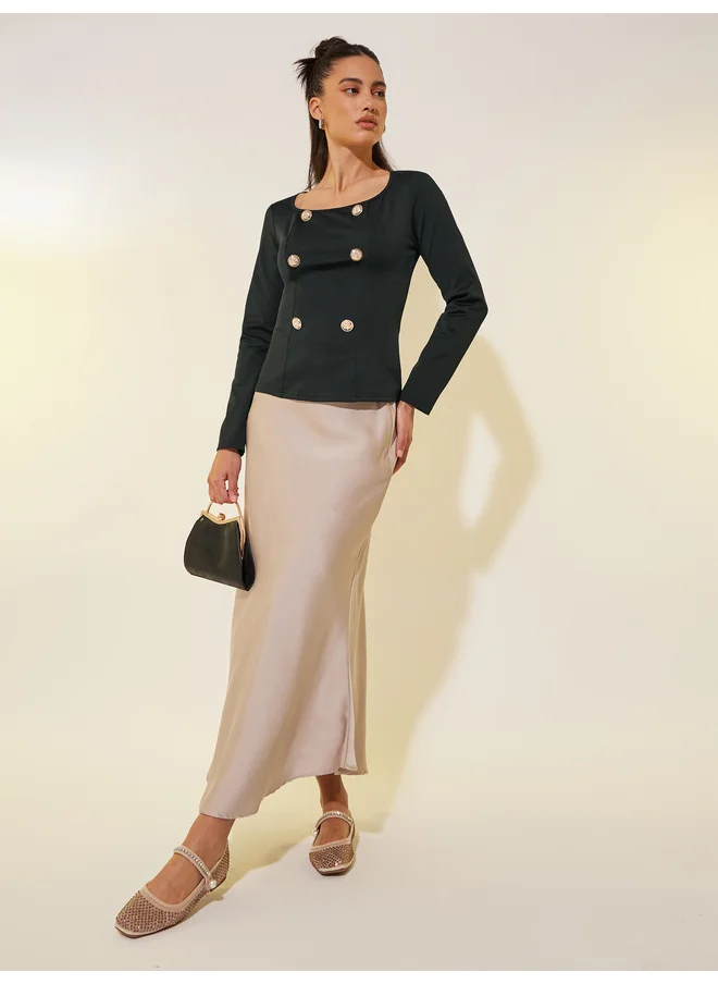 Take Two Take Two Solid Square Neck Button Detail Knit Top