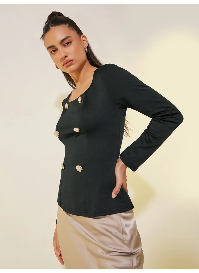 Take Two Take Two Solid Square Neck Button Detail Knit Top