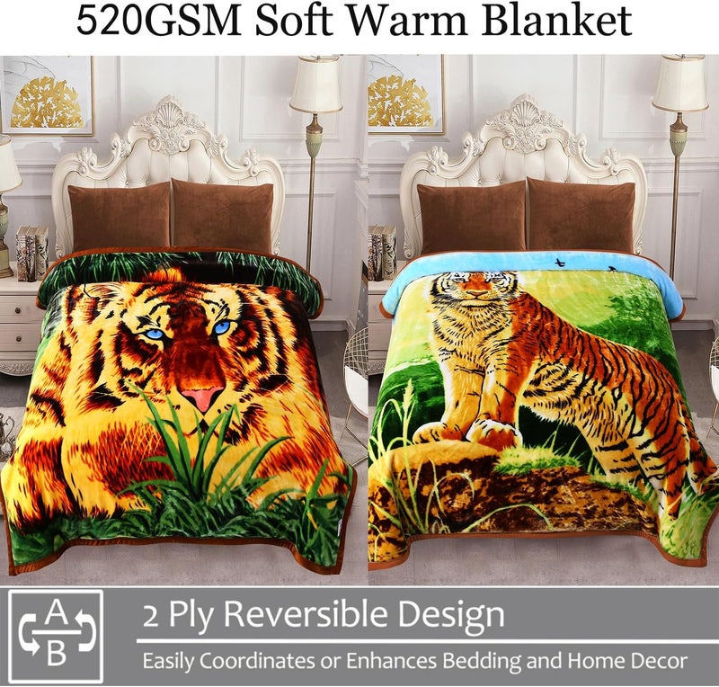 JYK Soft Fleece Bed Blanket King Size 5.7LB, Korean Style 2 Ply Reversible 520GSM Silky Plush Blanket Microfiber, Warm Cozy Blanket for Autumn, Winter 83x91 Inches - Green Tiger/Brown Tiger - Image 2