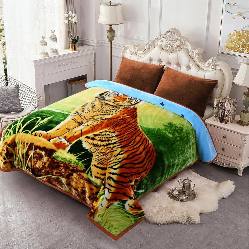JYK Soft Fleece Bed Blanket King Size 5.7LB, Korean Style 2 Ply Reversible 520GSM Silky Plush Blanket Microfiber, Warm Cozy Blanket for Autumn, Winter 83x91 Inches - Green Tiger/Brown Tiger - Image 1