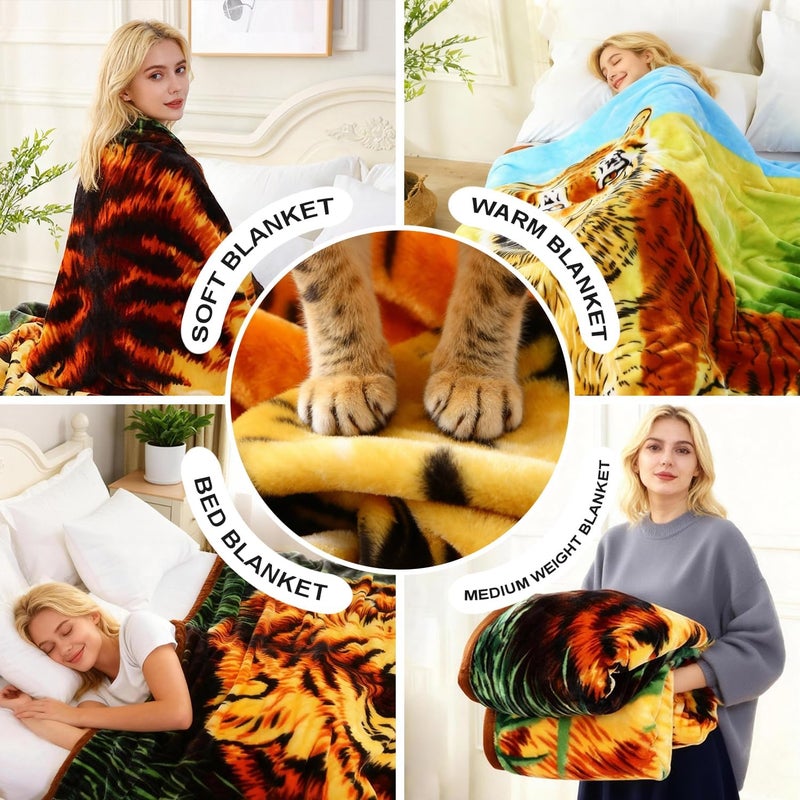 JYK Soft Fleece Bed Blanket King Size 5.7LB, Korean Style 2 Ply Reversible 520GSM Silky Plush Blanket Microfiber, Warm Cozy Blanket for Autumn, Winter 83x91 Inches - Green Tiger/Brown Tiger - Image 3