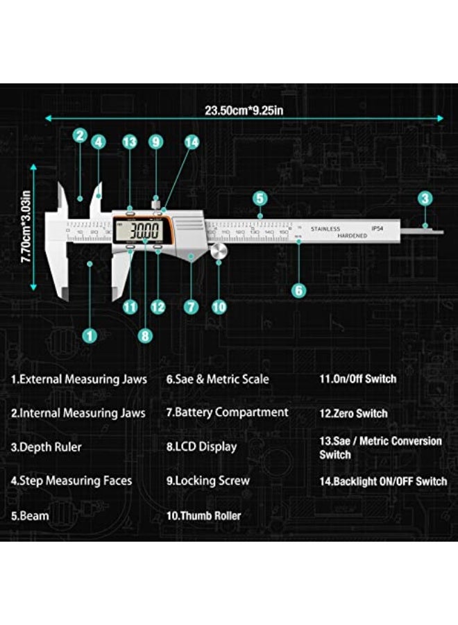 Digital Caliper 6 inch 150mm Micrometer Caliper Digital Caliper All Stainless Steel Electronic Diameter Measuring Tool with Large LCD Screen for Household/Jewelers/DIY - Image 4