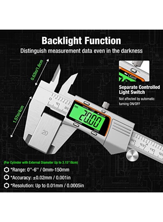 Digital Caliper 6 inch 150mm Micrometer Caliper Digital Caliper All Stainless Steel Electronic Diameter Measuring Tool with Large LCD Screen for Household/Jewelers/DIY - Image 2