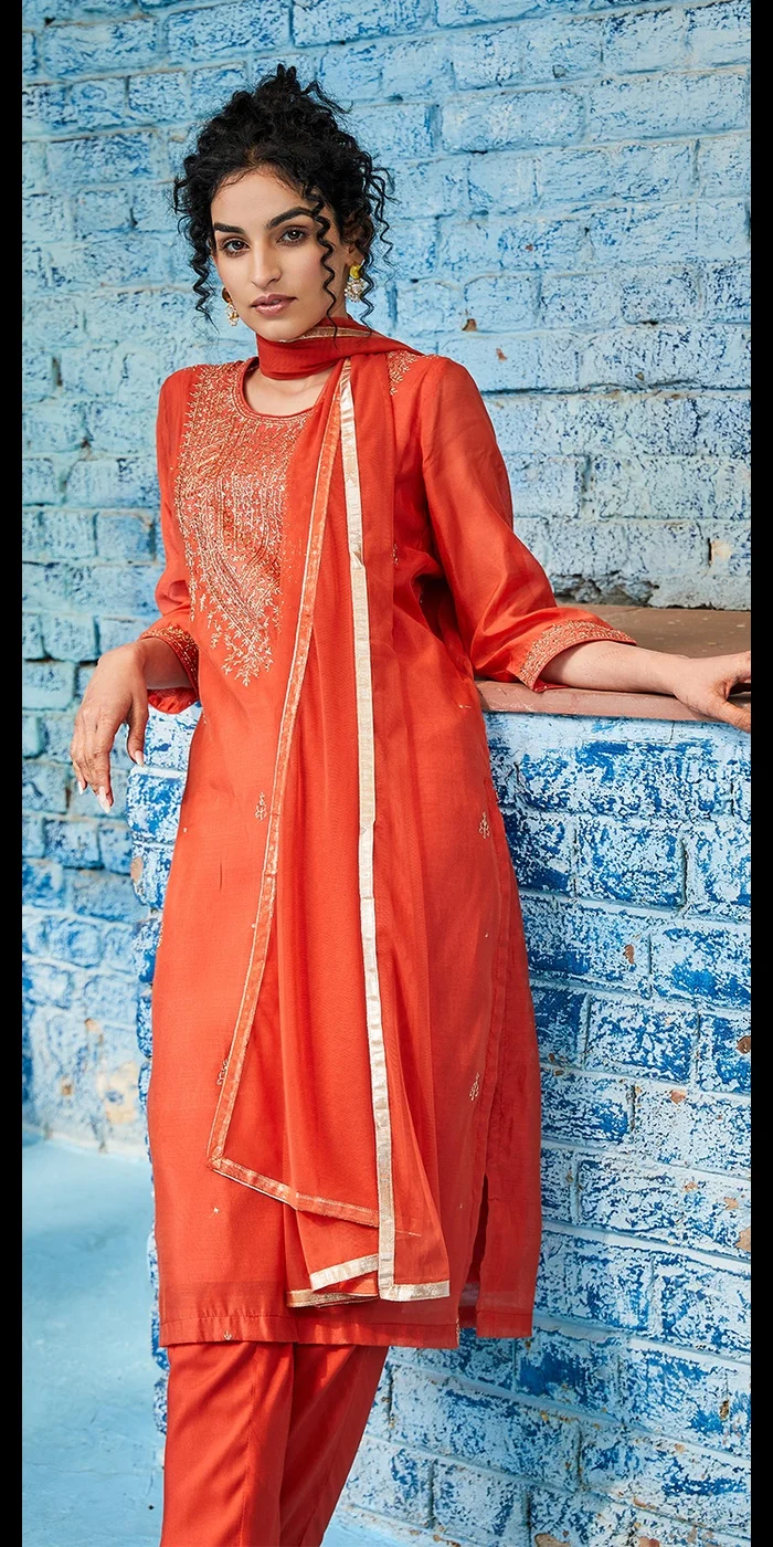 Biba Brick Red Polyester Straight Suit Set