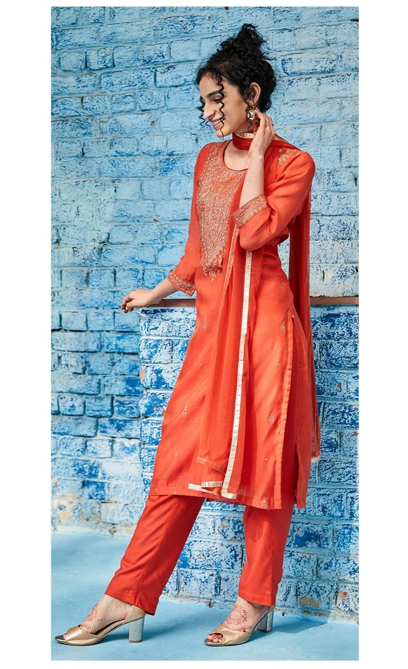 Biba  Brick Red Polyester Straight Suit Set for Women | Best Price UAE