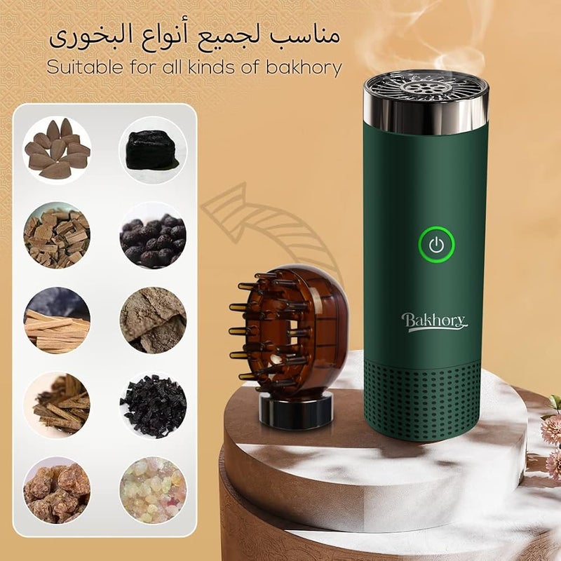 بخورى موقد بخور كهربائي عربي مع مشط قابل لإعادة الشحن عبر USB ومنفث عطور USB A، حامل بخور كهربائي، أخضر - Image 3