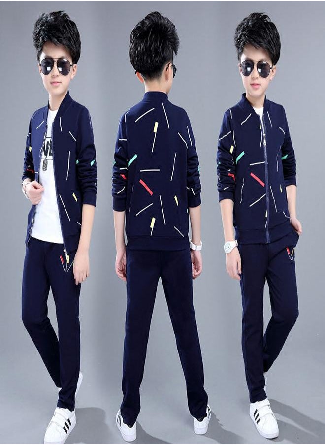babyqlo Navy Printed Zip-Up Jacket, Shirt, and Jogger Set for Boys  - Image 1