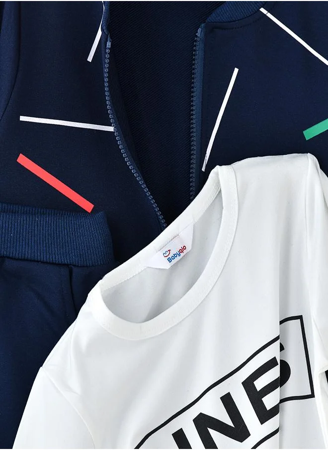 babyqlo Navy Printed Zip-Up Jacket, Shirt, and Jogger Set for Boys