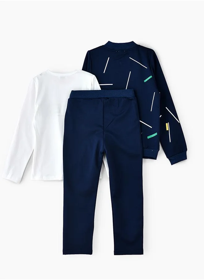babyqlo Navy Printed Zip-Up Jacket, Shirt, and Jogger Set for Boys
